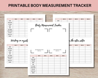 May include: Printable body measurement tracker with a black and white grid for recording measurements. The tracker is divided into sections for different body parts, including chest, waist, hips, arms, thighs, and calves. The tracker also includes space for adding before and after pictures. The text "Working on myself" and "For the after selfie" is included on the tracker.