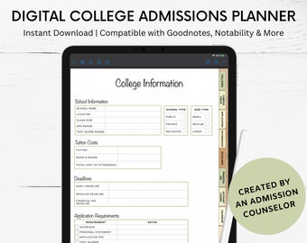 May include: A digital college admissions planner template for Goodnotes and Notability. The template includes sections for school information, tuition costs, deadlines, application requirements, and notes. The template is designed to help students organize their college applications.