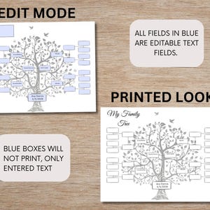 May include: Editable family tree template with blue boxes for text entry. The printed version shows a gray tree with a family name and date at the bottom.  The text "All fields in blue are editable text fields." and "Blue boxes will not print, only entered text" are also included.