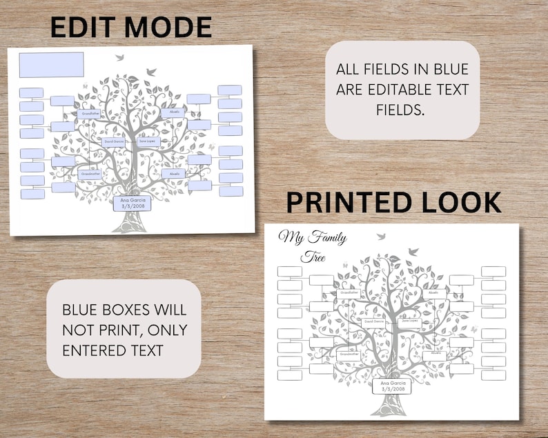 May include: Editable family tree template with blue boxes for text entry. The printed version shows a gray tree with a family name and date at the bottom.  The text "All fields in blue are editable text fields." and "Blue boxes will not print, only entered text" are also included.