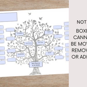 May include: A printable family tree template with a gray tree design and light blue boxes for names. The text "NOTE: BOXES CANNOT BE MOVED, REMOVED, OR ADDED" is on the right side of the image.
