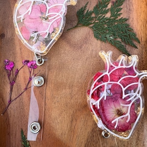 Retractable Anatomical Heart Badge Reel | Personalized Resin Badge Reel | Real Dried Pressed Flower | Custom Reel