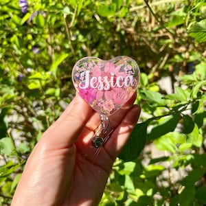 Personalized Heart Resin Badge Reel Real Dried Pressed Flower