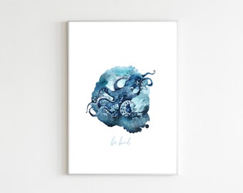 Octopus Art Print, Coastal Decor, Marine Animal Wall Art, Octopus Watercolour Wall Art, Printable Art, Digital Nautical Print