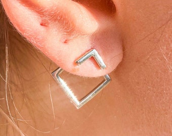 Boucles d'oreilles triangle dorées - Boucles d'oreilles empilables sous l'oreille - Boucles d'oreilles géométriques argentées - Boucles d'oreilles carrées avant et arrière - Cadeau pour elle