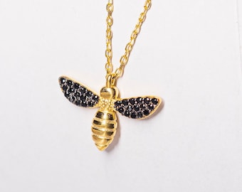 14k Gold Plate Silver Bee Pendant, CZ Small Bee Pendant Necklace, Bumble bee necklace, Dainty Bee jewelry, Cubic Zirconia Bee Choker,