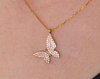 CZ Gold Butterfly Pendant Necklace, 925 Sterling Silver 14K Gold Plated Butterfly Necklace, Dainty Gold Butterfly Pendant, Women Jewelry