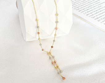 Simple Lariat Necklace Y Necklace, Silver - Gold - Rose Gold, Beaded Satellite Chain, Sterling Silver Layering Necklace, Gold Beaded Chain