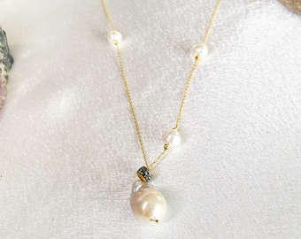 Pearl Choker Necklace in Sterling Silver, Gold Pearl Necklace, Baroque Pearl Necklace, Pearl Charm Necklace, Boho Necklace, White Pearl