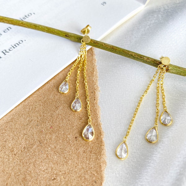 Triple Chain Cz Drop Earrings, Three Minimalist Crystal Drop Earrings, Triple Chain Long Dangle Earrings, Triple Teardrop Earrings