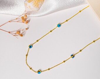 Minimalist Evil Eye Necklace, Third Eye 14k Gold Filled Choker, Blue Evil Eye Beaded Necklace, Evil Eye Gold Charm Jewelry,Good Luck Pendant