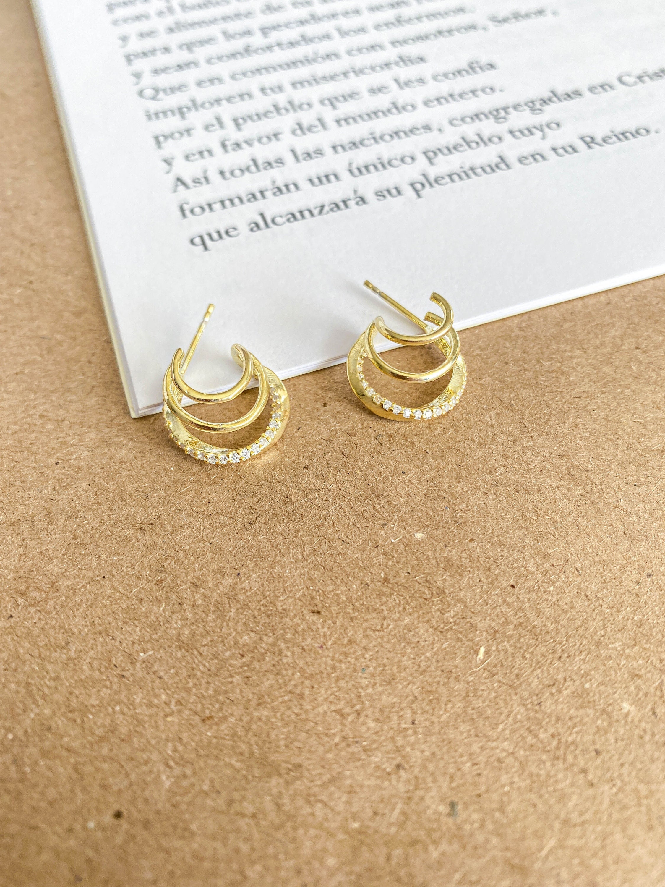 Multi-layer Gold Silver C Shape Stud Earrings, Small Gold Three