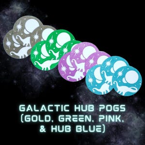 May include: Set of six round Galactic Hub POGS in gold, green, pink, and hub blue colours. Each POG features a white silhouette of a dinosaur and a crescent moon with stars.