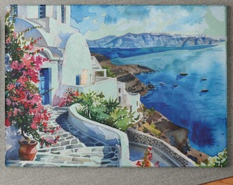 Santorini Glass Cutting Board, Greek Island Kitchen Decor, Mediterranean Gift, Coastal Summer Housewarming