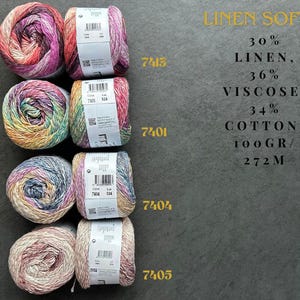 Puede incluir: Cuatro ovillos de hilo en diferentes combinaciones de colores. El hilo es una mezcla de lino, viscosa y algod&oacute;n. La etiqueta dice "LINEN SOFT 30% LINEN, 36% VISCOSE, 34% COTTON, 100GR/272M".