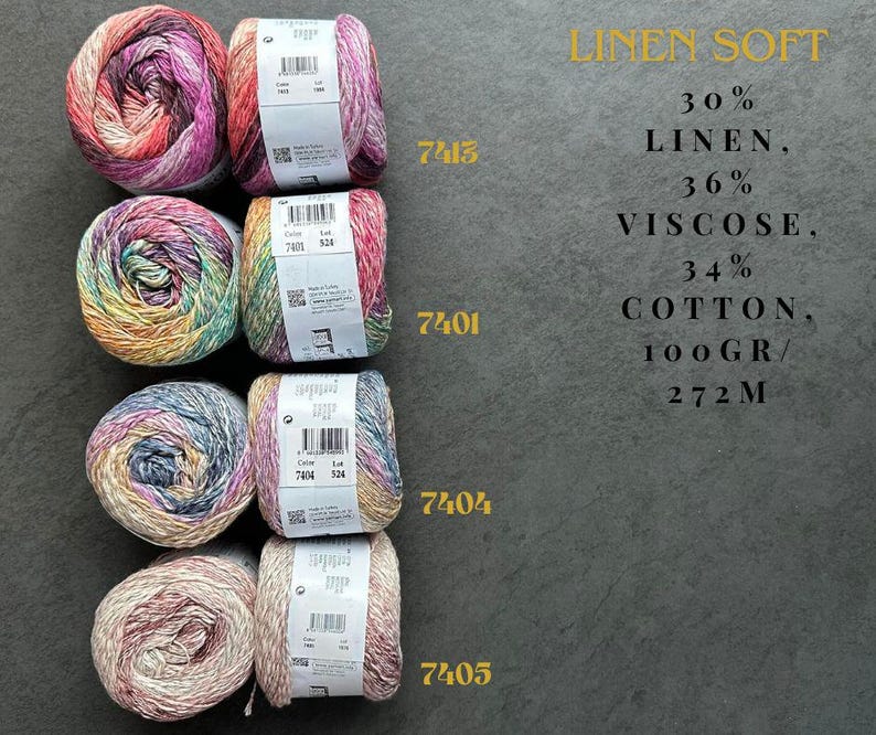 Puede incluir: Cuatro ovillos de hilo en diferentes combinaciones de colores. El hilo es una mezcla de lino, viscosa y algod&oacute;n. La etiqueta dice "LINEN SOFT 30% LINEN, 36% VISCOSE, 34% COTTON, 100GR/272M".