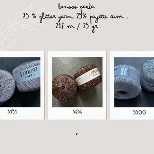 Op de afbeelding: Drie bollen garen, elk in een andere kleur: lichtpaars, koper en lichtgrijs. Het garen is een mix van 75% glitter en 25% pailletten. Het garen is ge&euml;tiketteerd met "Lanoso Talia" en heeft een label met de tekst "75% glittergaren, 25% pailletten, 217 m / 25 gr".