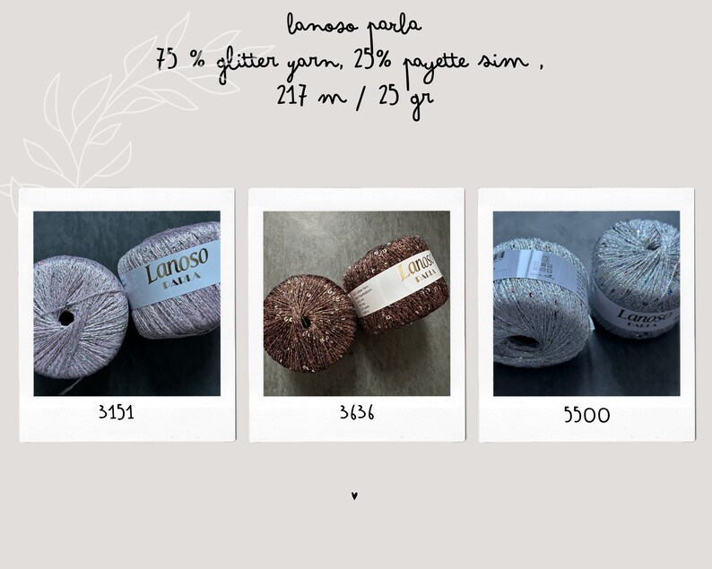 Op de afbeelding: Drie bollen garen, elk in een andere kleur: lichtpaars, koper en lichtgrijs. Het garen is een mix van 75% glitter en 25% pailletten. Het garen is ge&euml;tiketteerd met "Lanoso Talia" en heeft een label met de tekst "75% glittergaren, 25% pailletten, 217 m / 25 gr".