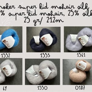 K&ouml;nnte beinhalten: Sechs Paare von Poker Super Kid Mohair Seidengarnkn&auml;ueln, beschriftet mit 75% Super Kid Mohair, 25% Seide, 25 gr/ 212m. Die Farben umfassen leuchtendes Blau, Dunkelmarine, helles Lavendel, Hellgrau, Beige-Grau und sanftes Pfirsich, jeweils mit Papieretikett.