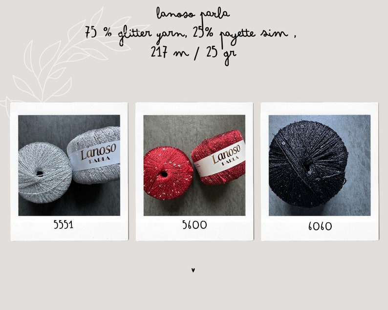 Op de afbeelding: Drie bollen garen, &eacute;&eacute;n zilver, &eacute;&eacute;n rood en &eacute;&eacute;n zwart. Elke bol is gelabeld met "Lanoso Lalia" en heeft een samenstelling van 75% glinstergaren en 25% pailletten. Het garen is 217 meter lang en weegt 25 gram.