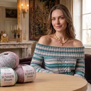 May include: A woman in a striped off-the-shoulder top sits at a table with several balls of yarn. The yarn is labelled "Summer Dream" and has pastel colours. The background includes a fireplace, ornate mirrors, and a chandelier.