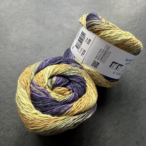 Puede incluir: Dos ovillos de hilo en una combinaci&oacute;n de colores amarillo, morado y verde. El hilo est&aacute; etiquetado con "Color 7410 Lot 324".