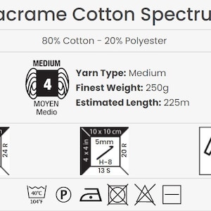 Puede incluir: Una imagen en blanco y negro de una etiqueta de hilo para el espectro de algod&oacute;n macram&eacute;. La etiqueta muestra el tipo de hilo, el peso y la longitud. Tambi&eacute;n incluye instrucciones de cuidado, como el lavado a m&aacute;quina y el planchado.