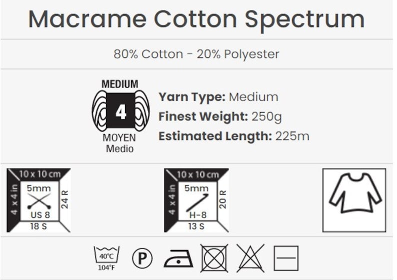 Puede incluir: Una imagen en blanco y negro de una etiqueta de hilo para el espectro de algod&oacute;n macram&eacute;. La etiqueta muestra el tipo de hilo, el peso y la longitud. Tambi&eacute;n incluye instrucciones de cuidado, como el lavado a m&aacute;quina y el planchado.