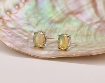 Sterling Silver Opal Stud Earrings: Minimalist Gemstone Jewelry