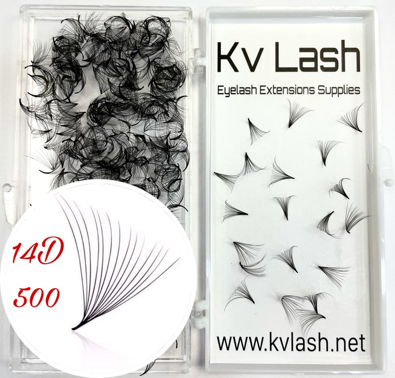 May include: A clear plastic box containing 500 black 14D eyelash extensions. The box has a white label with the text "KvLash Eyelash Extensions Supplies" and the website address "www.kvlash.net".