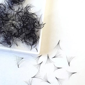 May include: A white tray with a pile of black eyelash extensions. Several individual extensions are scattered on a white surface.