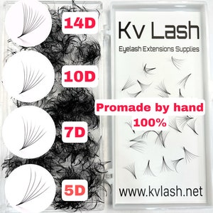 May include: A set of four eyelash extension trays with different lash densities, labeled 5D, 7D, 10D, and 14D. The trays are arranged in a clear plastic container. The text "Kv Lash Eyelash Extensions Supplies" is printed on the container. The text "Promade by hand 100%" is printed on the container. The text "www.kvlash.net" is printed on the container.