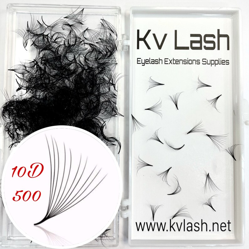 May include: A clear plastic container with a white background containing 500 individual black eyelash extensions. The container has a white circle with the text "10D 500" in red. The container is labeled "Kv Lash Eyelash Extensions Supplies" and "www.kvlash.net".
