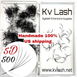 May include: A clear plastic box containing 5D eyelash extensions. The box is labeled "Kv Lash Eyelash Extensions Supplies" and "www.kvlash.net". The box also includes the text "Handmade 100% US shipping" and "5D 500".