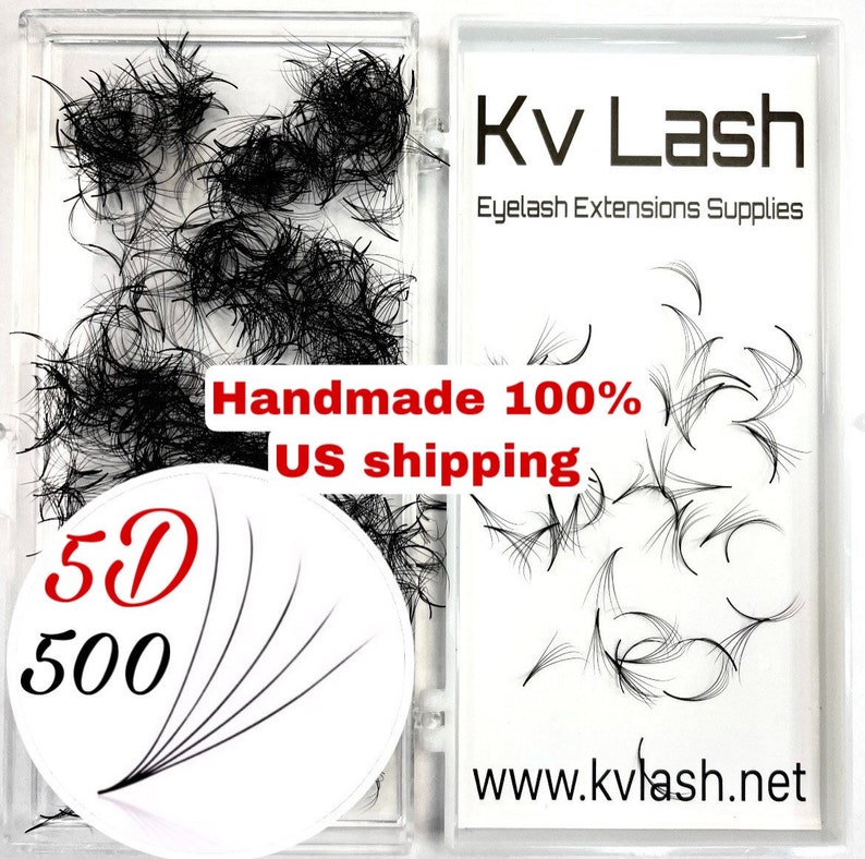May include: A clear plastic box containing 5D eyelash extensions. The box is labeled "Kv Lash Eyelash Extensions Supplies" and "www.kvlash.net". The box also includes the text "Handmade 100% US shipping" and "5D 500".