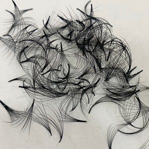 May include: A close-up of a pile of black individual eyelash extensions. The extensions are arranged in a random pattern on a white surface.