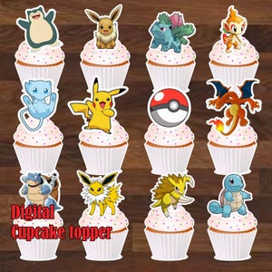 May include: Cupcakes with white frosting and colourful sprinkles, each decorated with a different Pokémon character. The cupcakes are in white paper cases. The text "Digital Cupcake topper" is at the bottom.