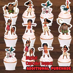 May include: Twelve printable cupcake toppers featuring characters from the animated movie Moana. The toppers include Moana, Maui, Pua the pig, Hei Hei the rooster, and other characters from the movie. Digital Cupcake Topper. Additional Purchase.