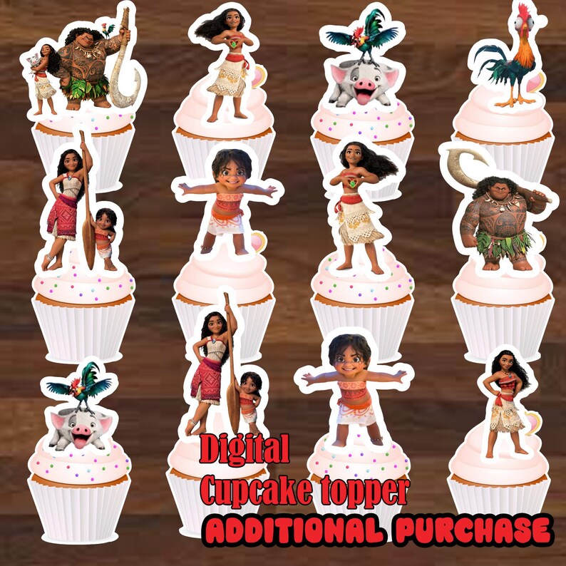 May include: Twelve printable cupcake toppers featuring characters from the animated movie Moana. The toppers include Moana, Maui, Pua the pig, Hei Hei the rooster, and other characters from the movie. Digital Cupcake Topper. Additional Purchase.