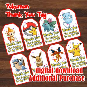 Pu&ograve; includere: Una collezione di otto etichette di ringraziamento a tema Pokemon. Ogni etichetta presenta un diverso personaggio Pokemon, come Pikachu e Charizard, con il testo "Thank You For Coming to My Party!". Le etichette sono un download digitale.