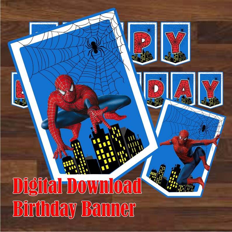 May include: A printable Spiderman birthday banner with blue and red colors. The banner features the words "Happy Birthday" with a Spiderman character on each flag.