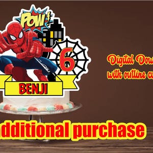 May include: A digital download of a Spiderman cake topper with a red and blue Spiderman character, a red and yellow POW! speech bubble, a red number 6, and a yellow banner with the name Benji. The cake topper is designed for a cake.