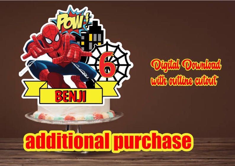 May include: A digital download of a Spiderman cake topper with a red and blue Spiderman character, a red and yellow POW! speech bubble, a red number 6, and a yellow banner with the name Benji. The cake topper is designed for a cake.