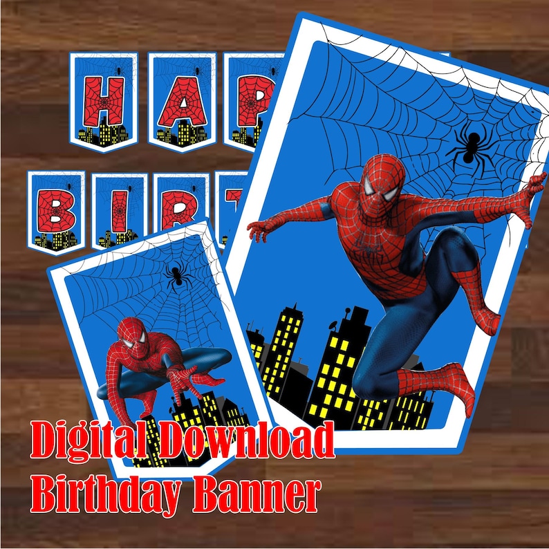 May include: A printable Spiderman birthday banner with red letters that spell out "Happy Birthday" against a blue background with a Spiderman web design. The banner includes two images of Spiderman in action.