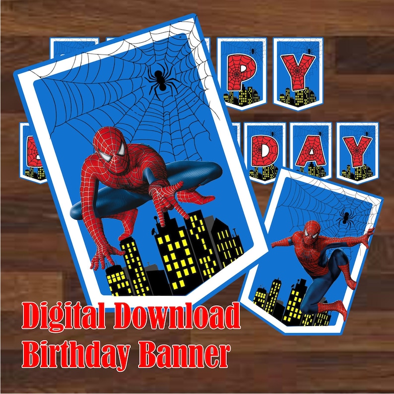 May include: A printable Spiderman birthday banner with blue and red colors. The banner features the words "Happy Birthday" with a Spiderman character on each flag.