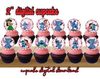 Adornos para cupcakes de Lilo y Stitch para fiesta de cumpleaños (cupcake digital)