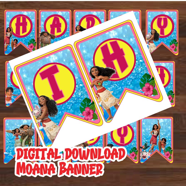 May include: A printable Moana banner with the word "Happy" in colorful letters. Each letter is on a separate flag with a blue background and glitter. The flags feature Moana and other characters from the movie.