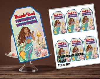 Etiqueta de agradecimiento de cumpleaños de La Sirenita, Fiesta bajo el mar (Descarga digital)