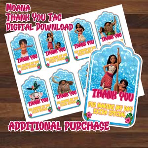 May include: Printable Moana thank you tags with a blue glitter background. The tags feature different characters from the movie, including Moana, Maui, and Pua. The text on the tags reads "Thank You for making my day extra special".
