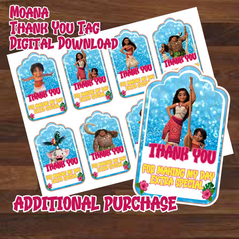 May include: Printable Moana thank you tags with a blue glitter background. The tags feature different characters from the movie, including Moana, Maui, and Pua. The text on the tags reads "Thank You for making my day extra special".